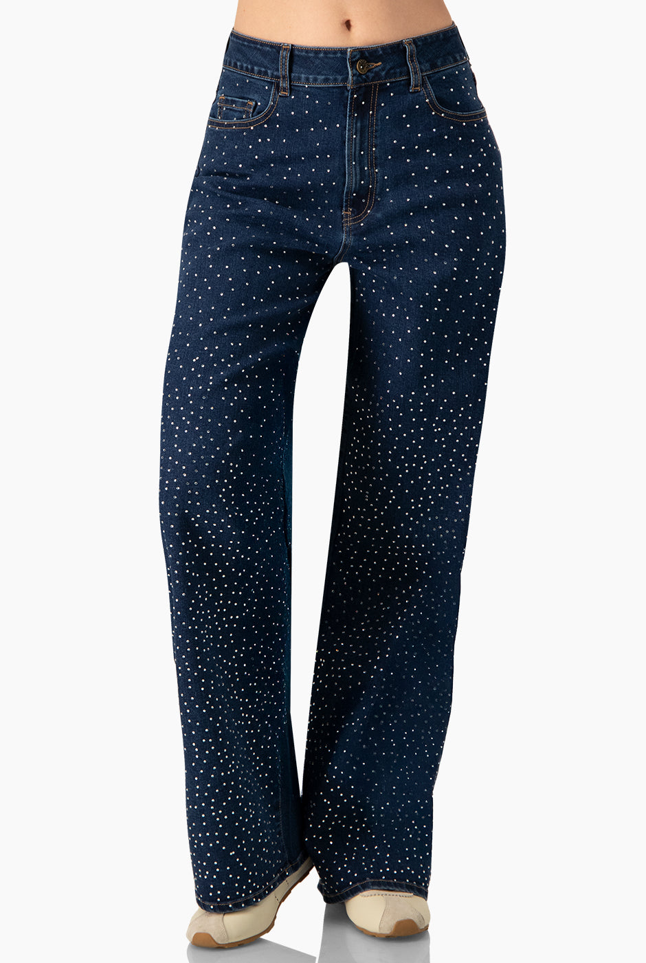Jeans amplios azules con pedrería y bolsillos de parche