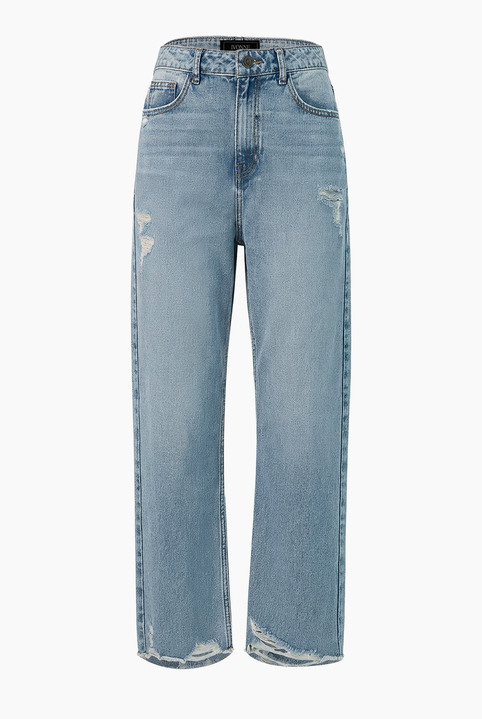 Jeans amplios azul claro con detalles de destrucción y dobladillo deshilachado.