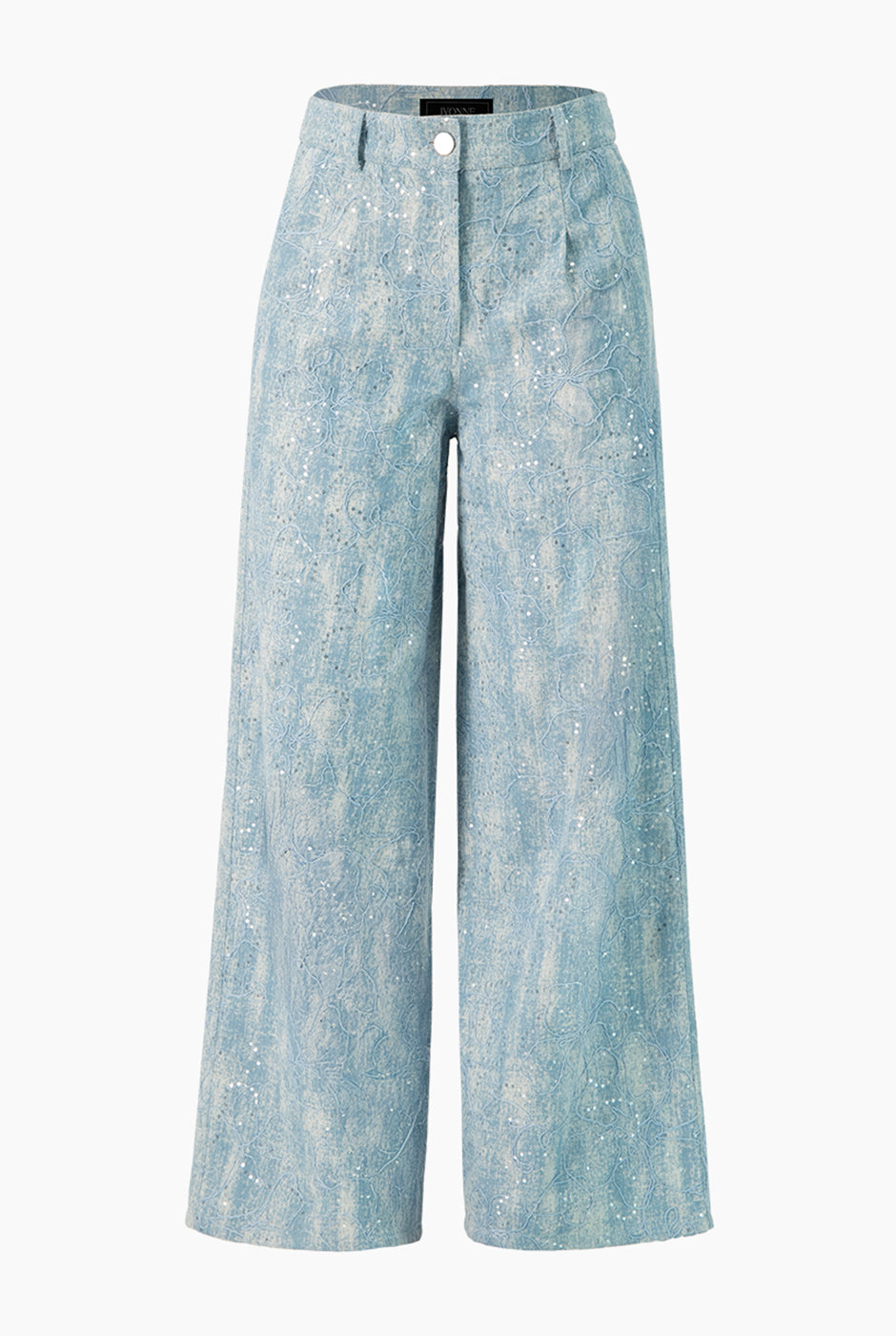 Pantalón denim azul de pierna amplia con bolsillos y botones
