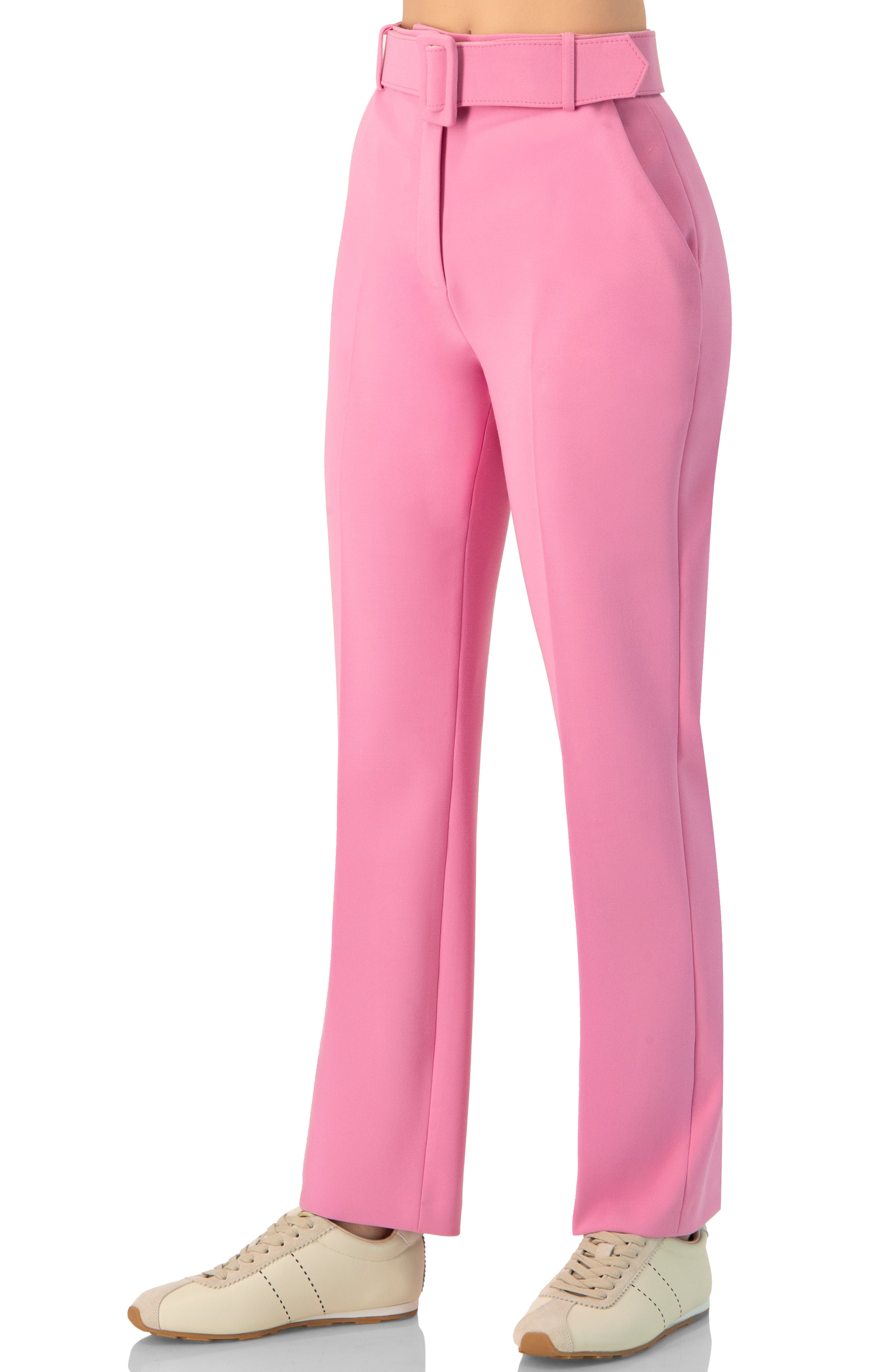 Pantalón sastreado rosa con cinturón y bolsillos