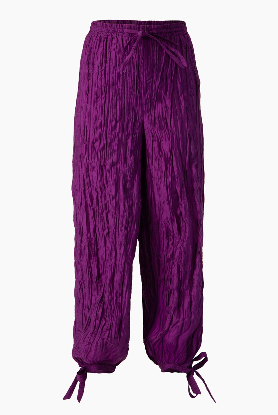 Pantalón morado amplio con cintas en tobillos y cintura