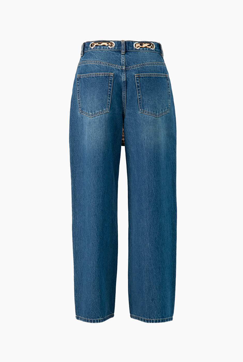 Jeans amplios azul con cinta animal print y bolsillos.