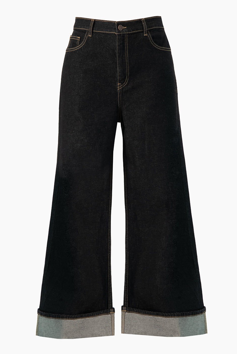 Jeans denim azul marino con dobladillo ancho y bolsillos de parche