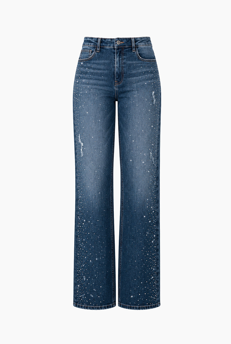 Jeans mom azul con destrucción y estoperol