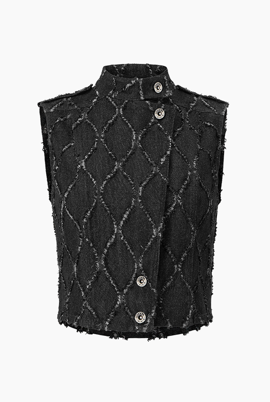 Chaleco denim negro con detalles de destrucción y botones frontales