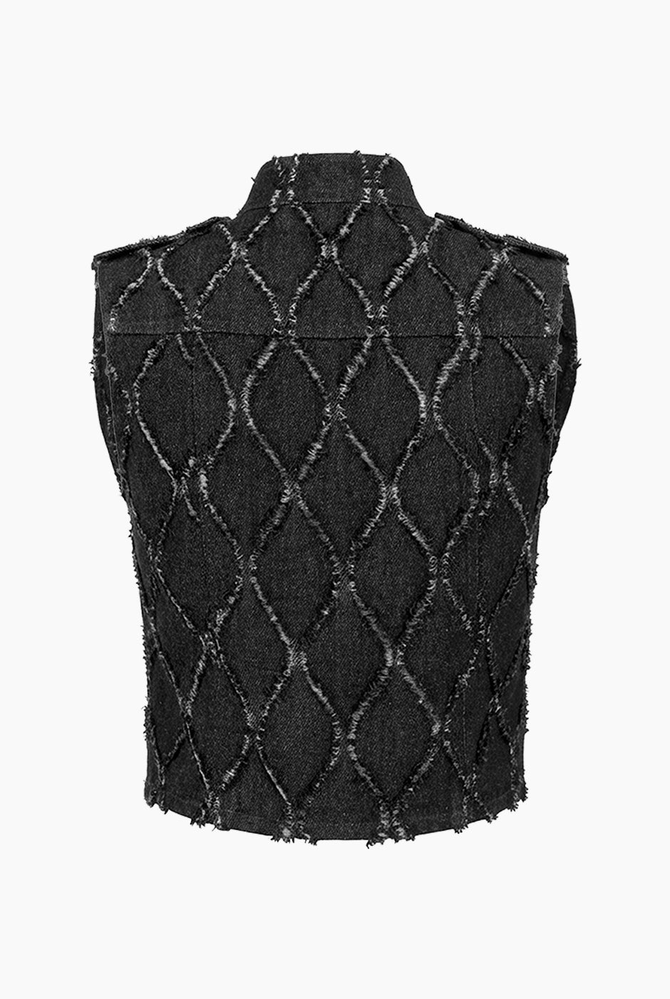 Chaleco denim negro con detalles de destrucción y botones frontales