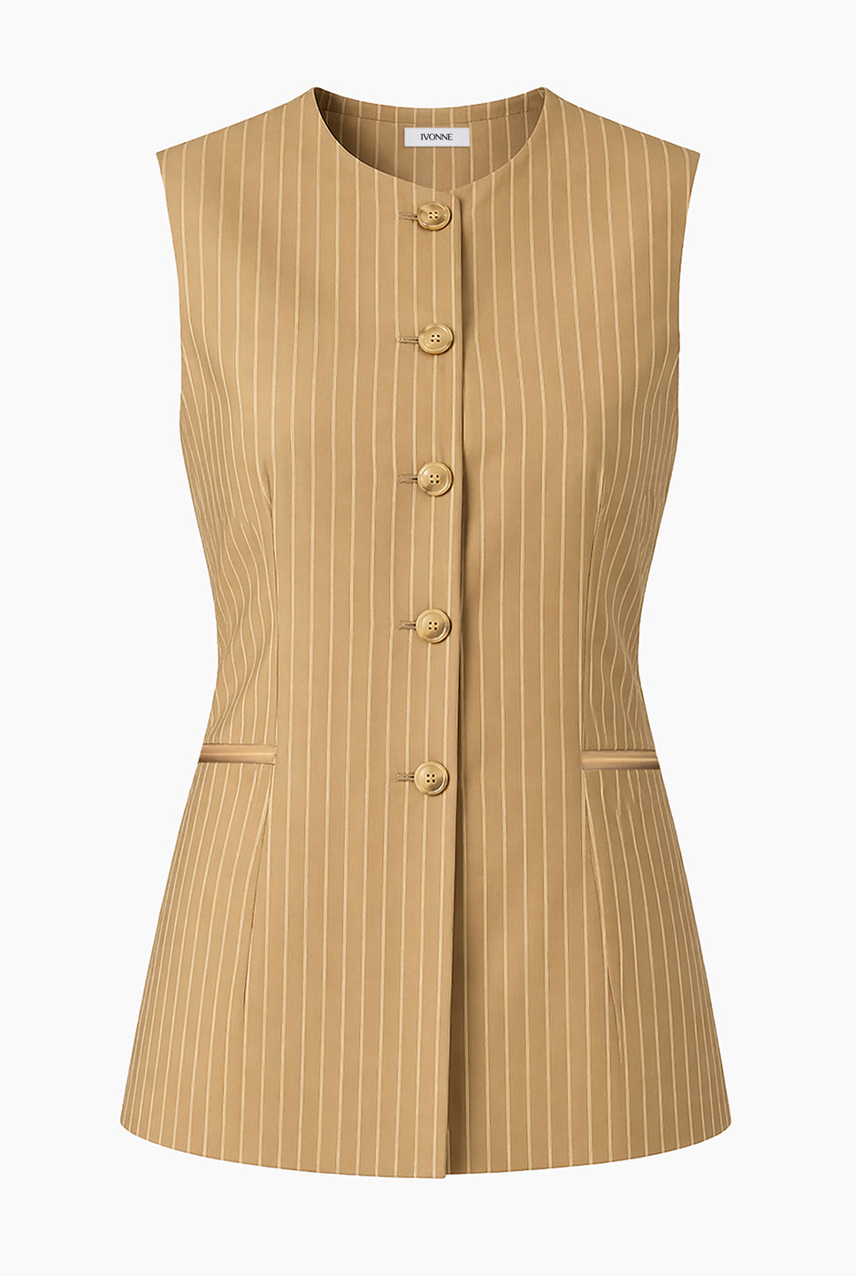 Chaleco sastreado de rayas beige con botones y bolsillos