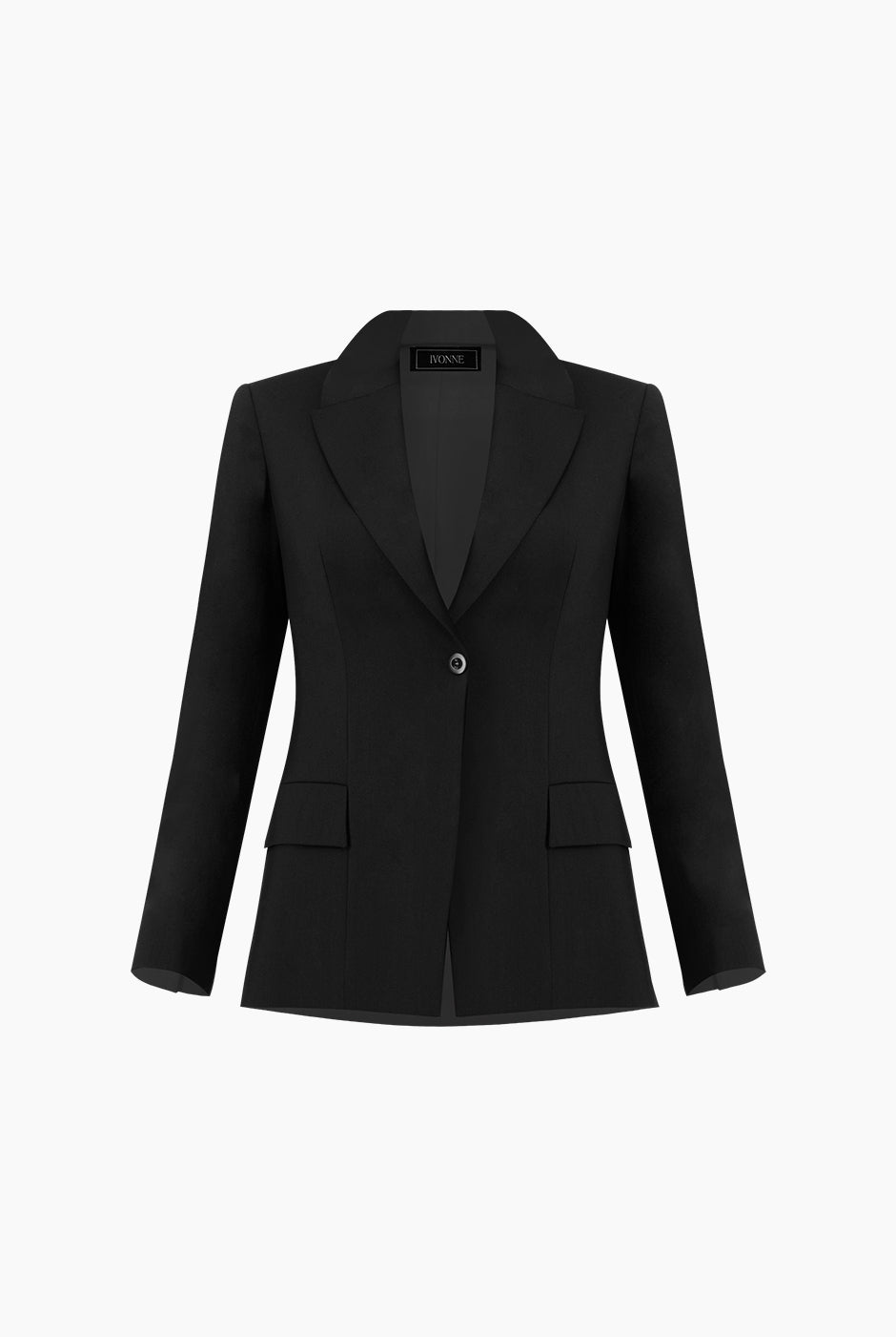 Saco negro cruzado con botones y bolsillos