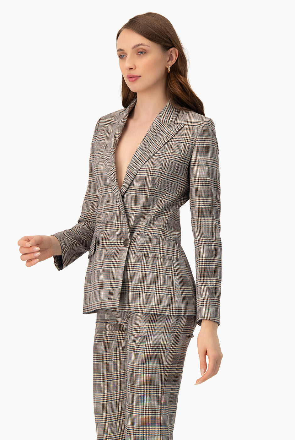 Saco cruzado multicolor con doble botón y bolsillos con solapa