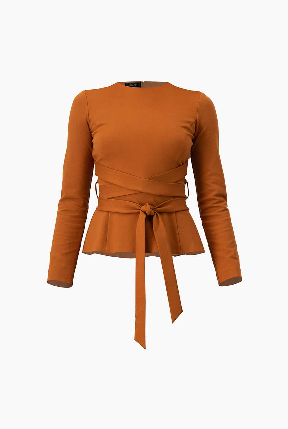 Saco blazer café con cintas y peplum, estilo elegante