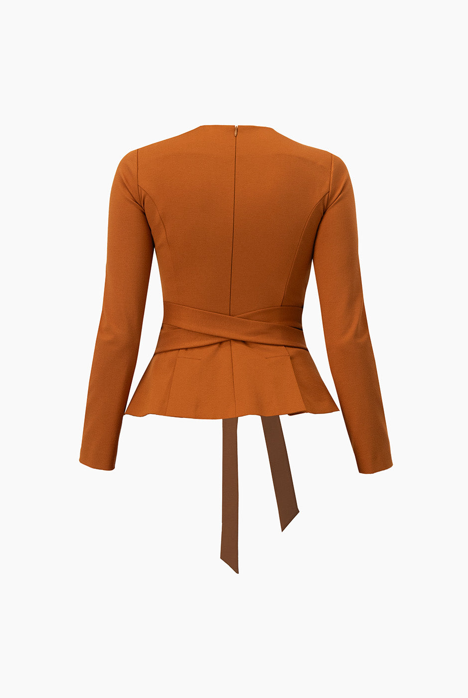 Saco blazer café con cintas y peplum, estilo elegante