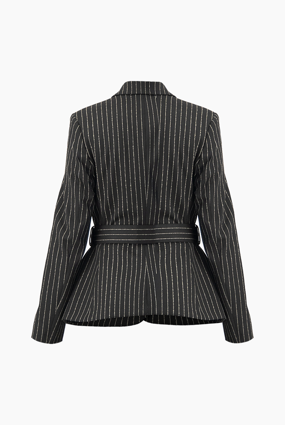 Saco blazer cruzado negro con rayas y cinturón