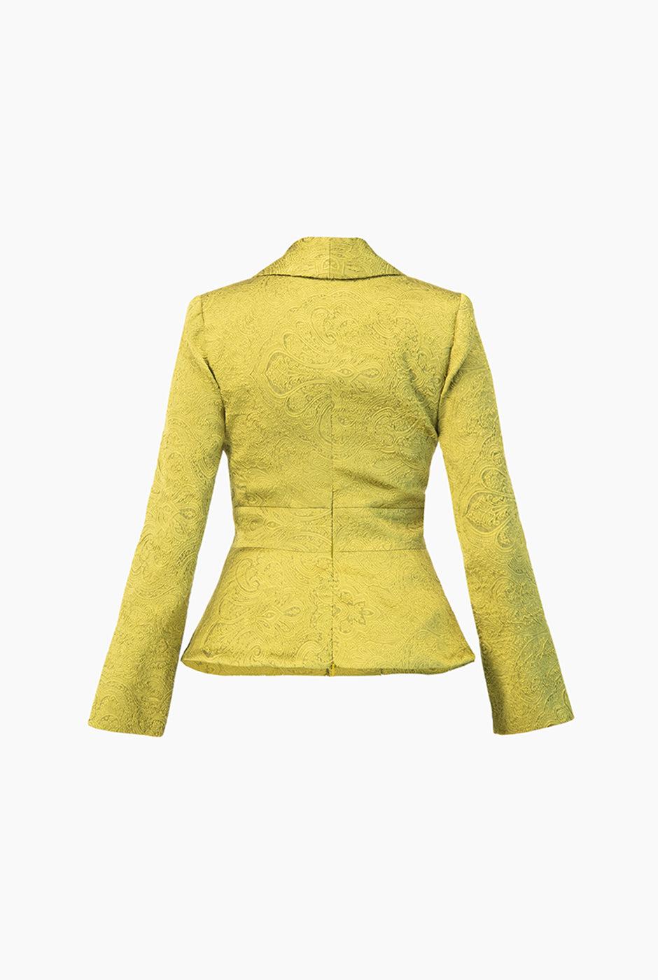 Saco verde sin solapa con plisado en la cintura y brocado