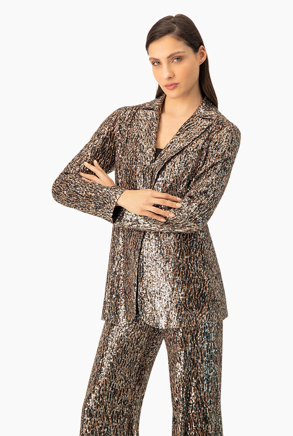 Saco blazer multicolor con lentejuelas y broche frontal