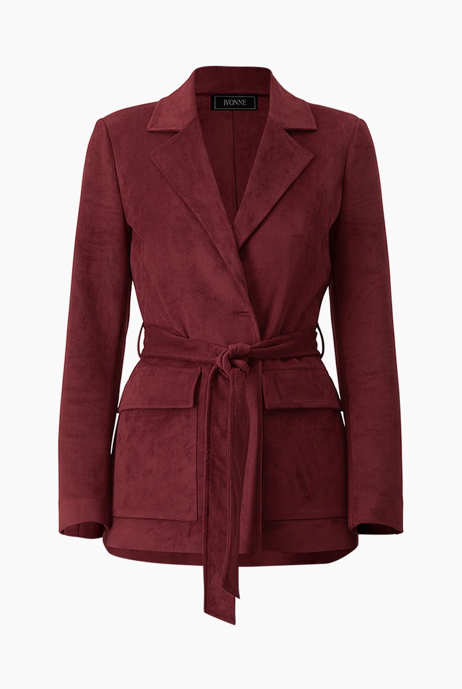 Saco blazer color vino con cinta en la cintura y bolsillos