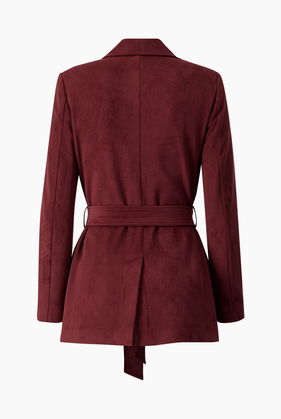 Saco blazer color vino con cinta en la cintura y bolsillos