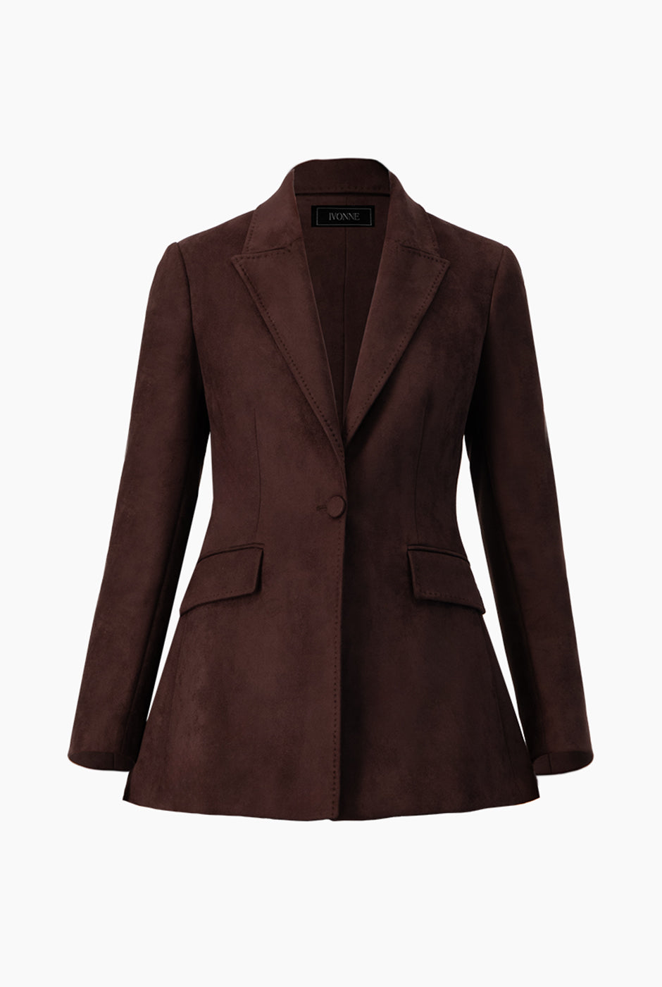 Saco blazer café liso con botón frontal y solapas