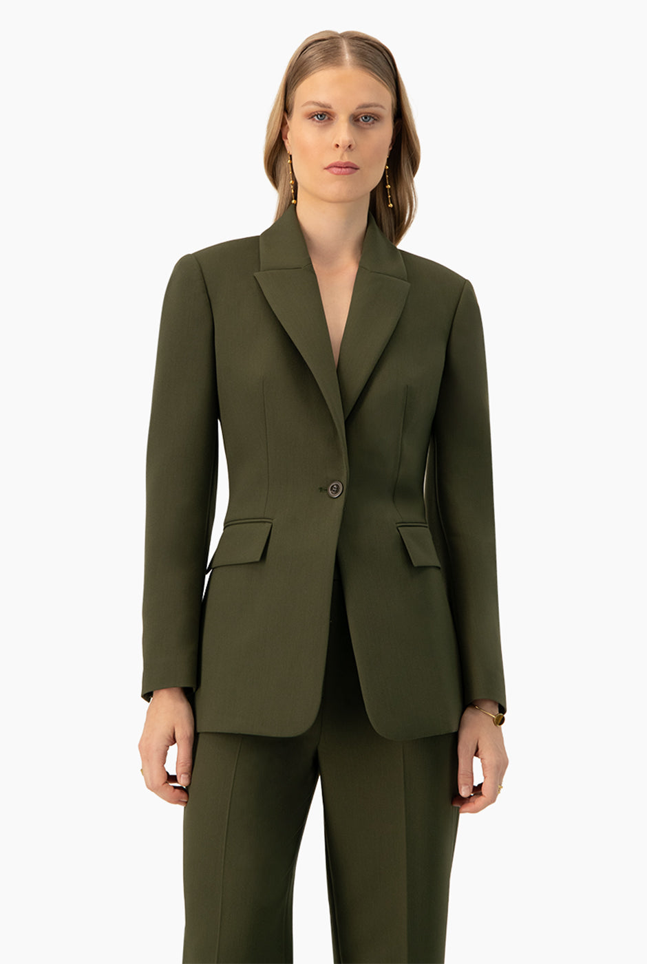 Saco verde cruzado sencillo con bolsillos de solapa