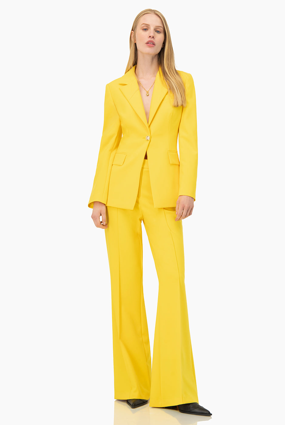 Saco Ivonne amarillo de cruce sencillo con botón frontal y bolsillos