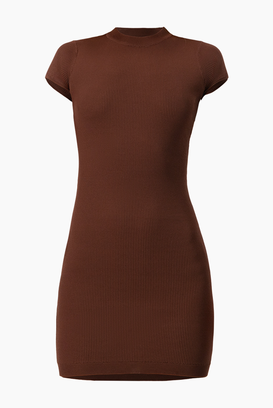Vestido Rib Bodycon Café corto con manga corta y cuello redondo