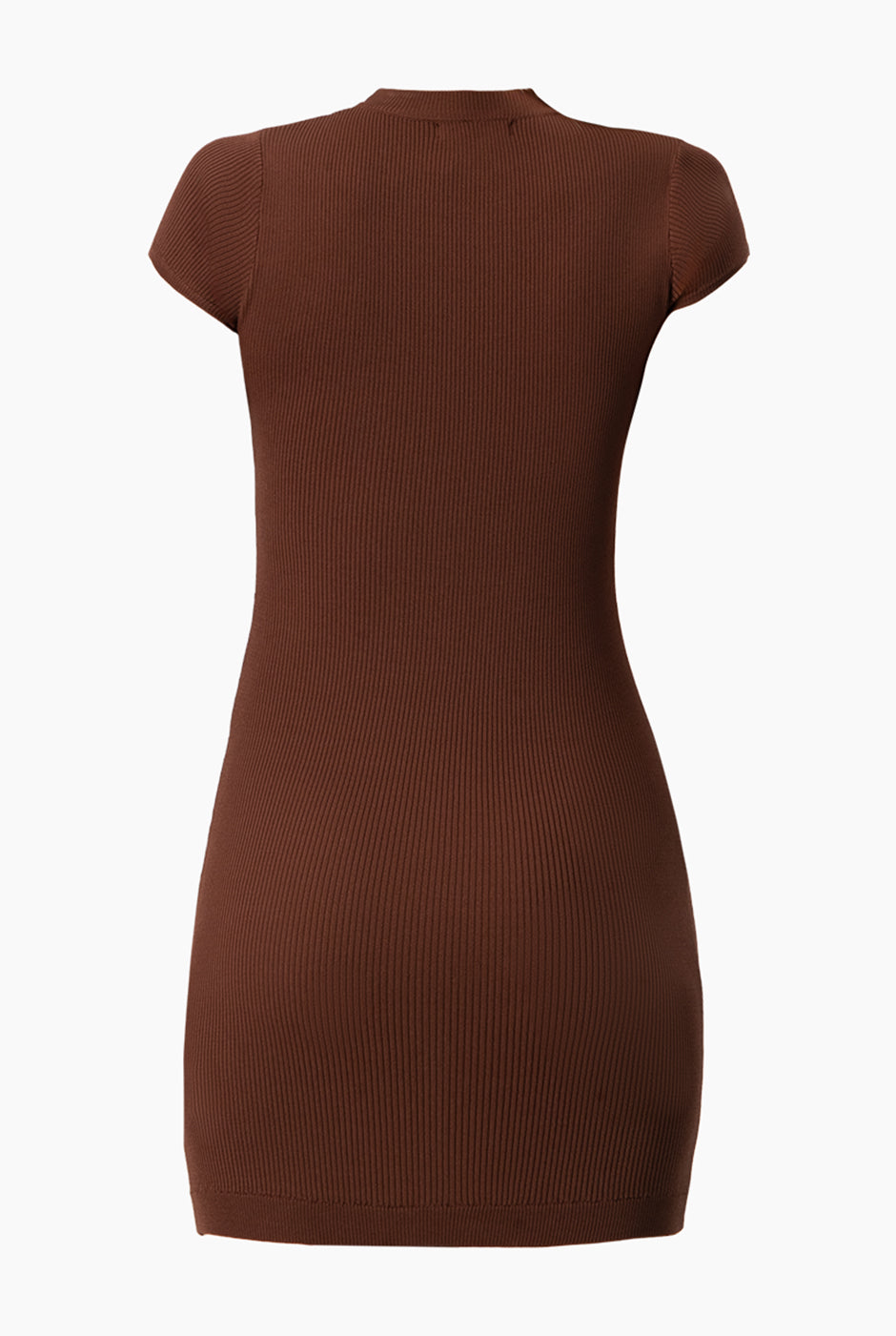 Vestido Rib Bodycon Café corto con manga corta y cuello redondo