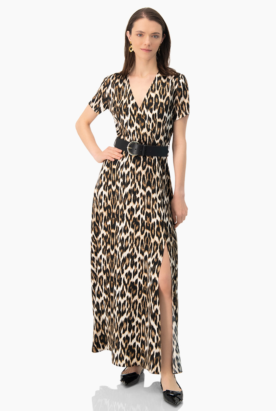 Vestido Maxi Animal Print con Escote en V y Cinturón