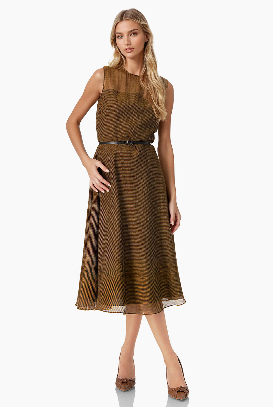 Vestido largo línea A sin mangas elegante café