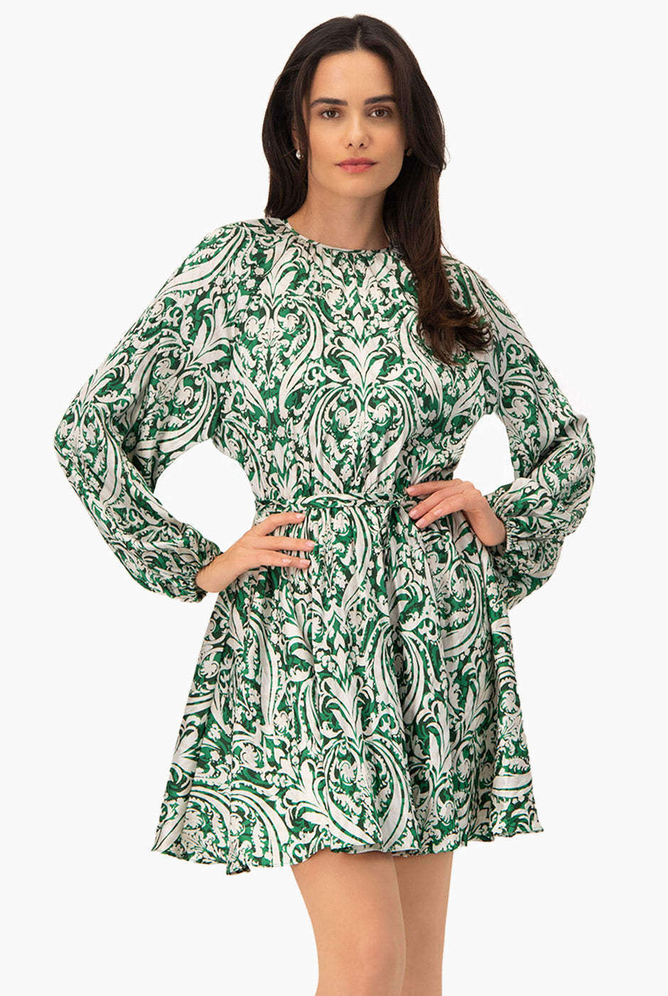Vestido corto bohemio verde – Manga farol y estampado
