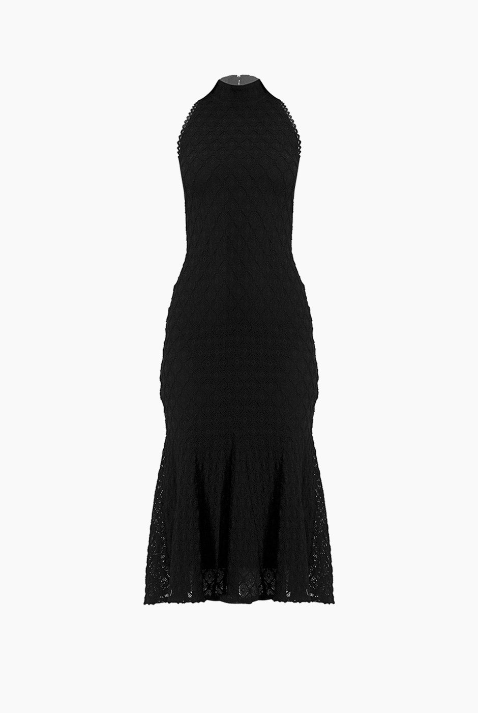 Vestido midi negro sin mangas con encaje y cuello alto
