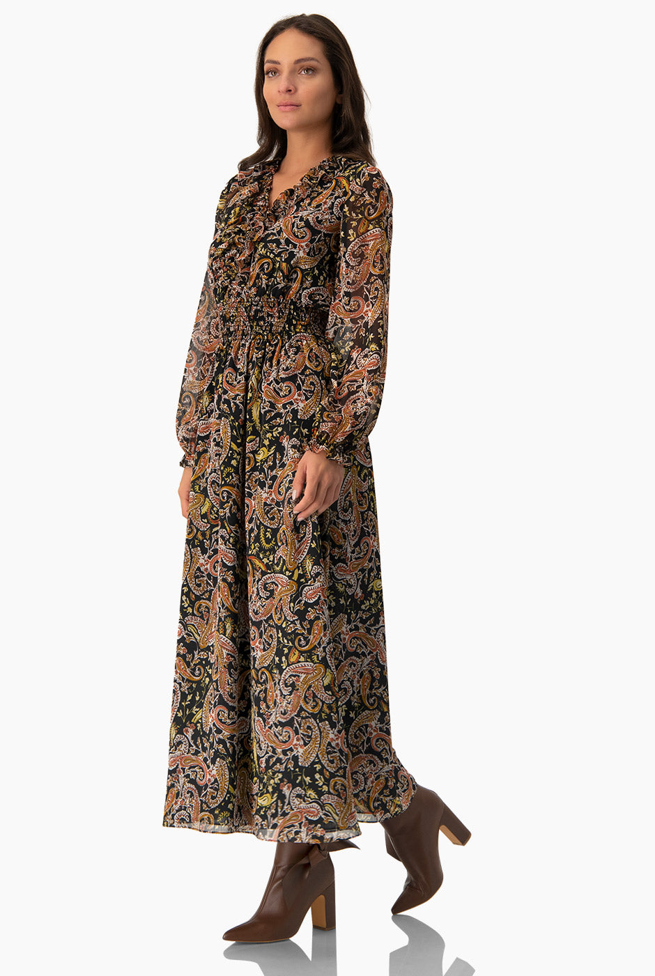 Vestido largo bohemio multicolor con escote en V y smock