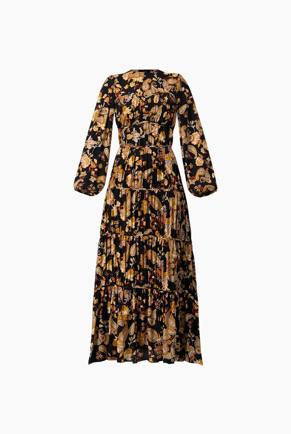 Maxi vestido estampado bohemio multicolor con mangas largas.