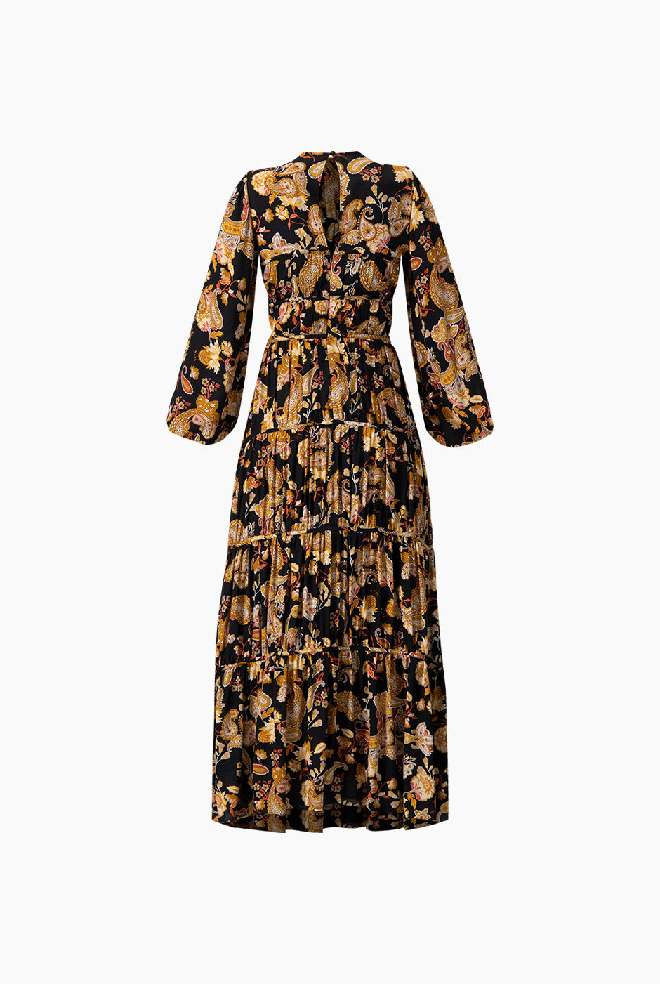 Maxi vestido estampado bohemio multicolor con mangas largas.