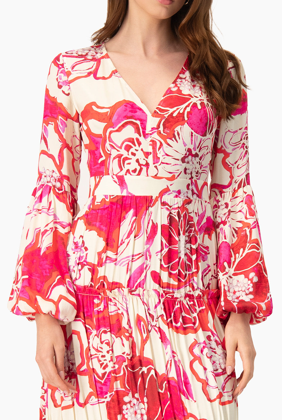 Maxi vestido fucsia con manga larga abullonada y estampado floral