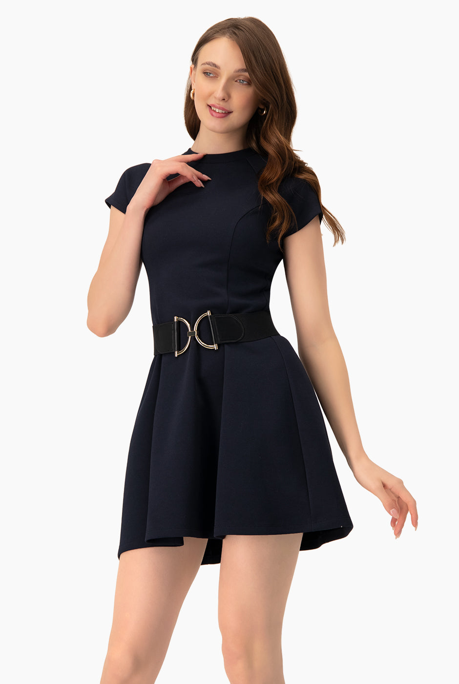 Vestido corto línea A azul marino con cinturón