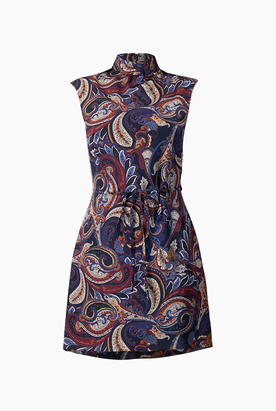 Vestido corto multicolor de hombro caído con estampado paisley y lazo en cintura