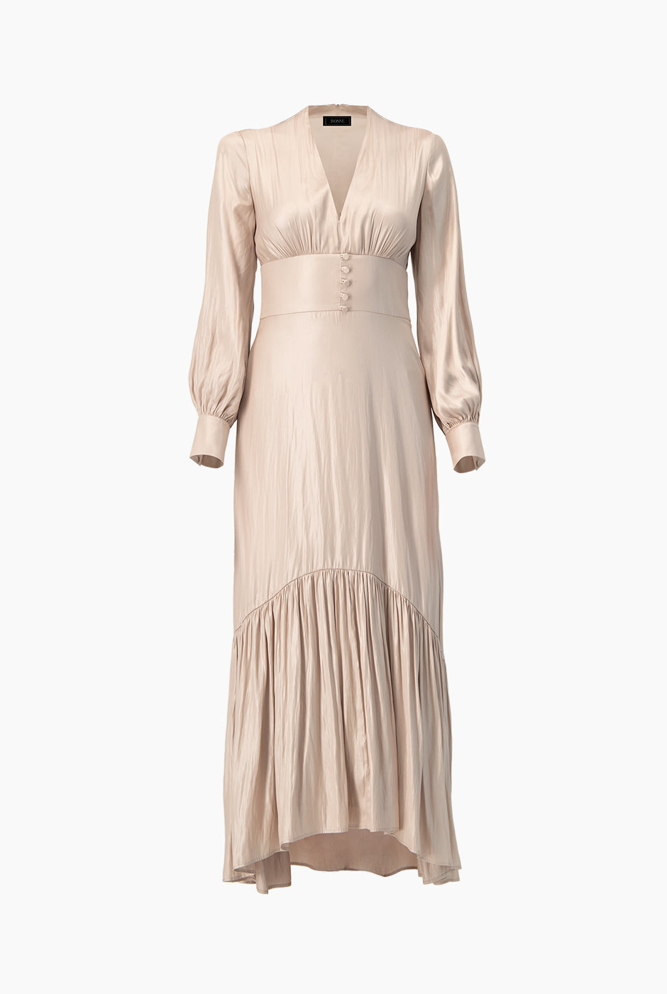 Vestido maxi natural, escote V y botones frontales