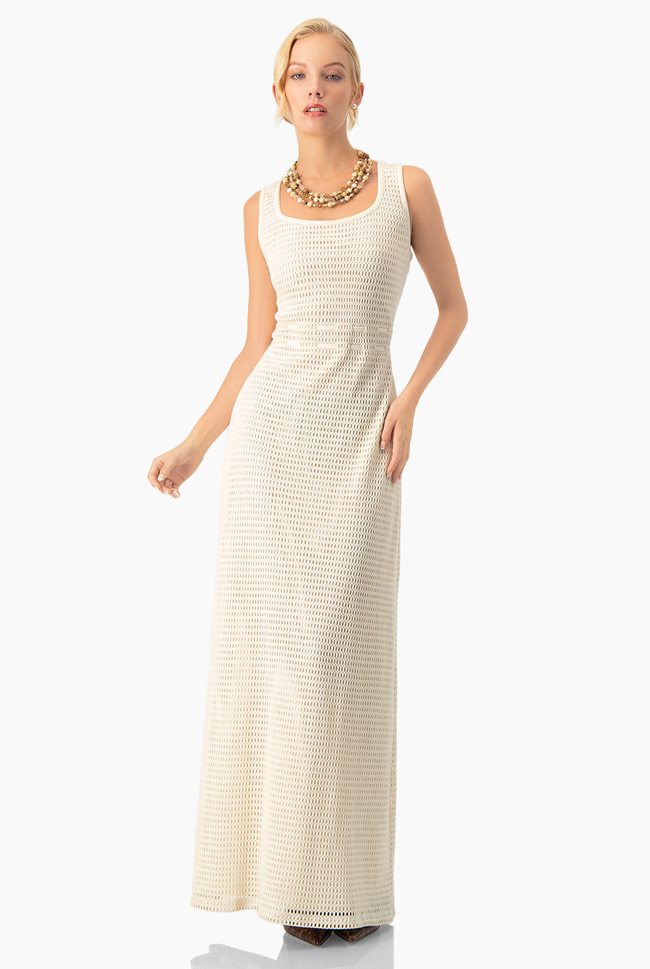 Vestido largo natural sin mangas con escote redondo y lazo