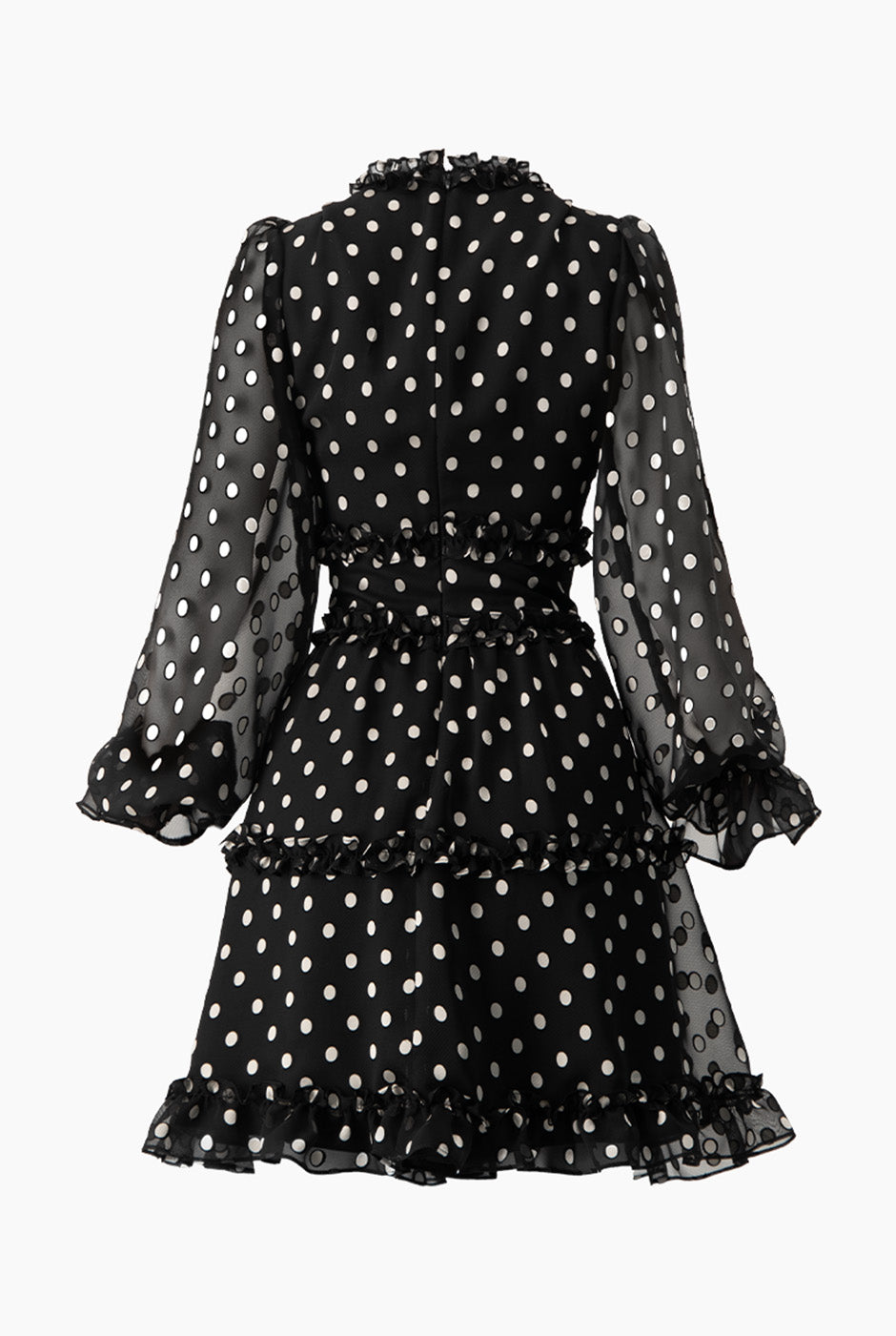 Vestido corto negro con estampado de lunares y manga larga