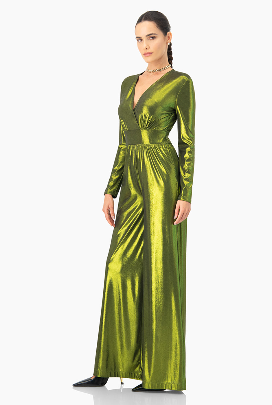 Jumpsuit verde olivo de escote en V y mangas largas