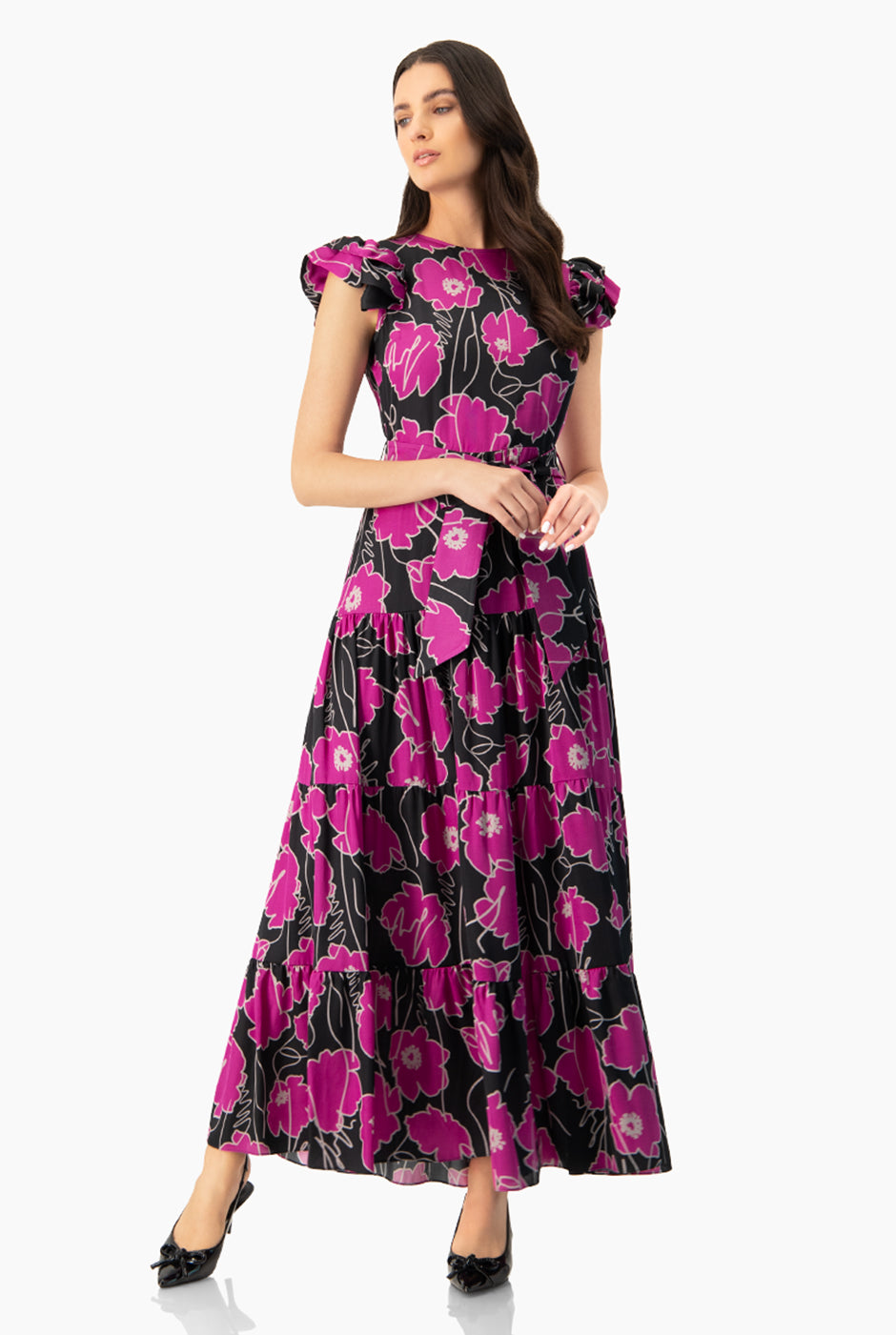 Vestidos de longitud completa con cuello alto y abertura Fucsia Tallas Grandes