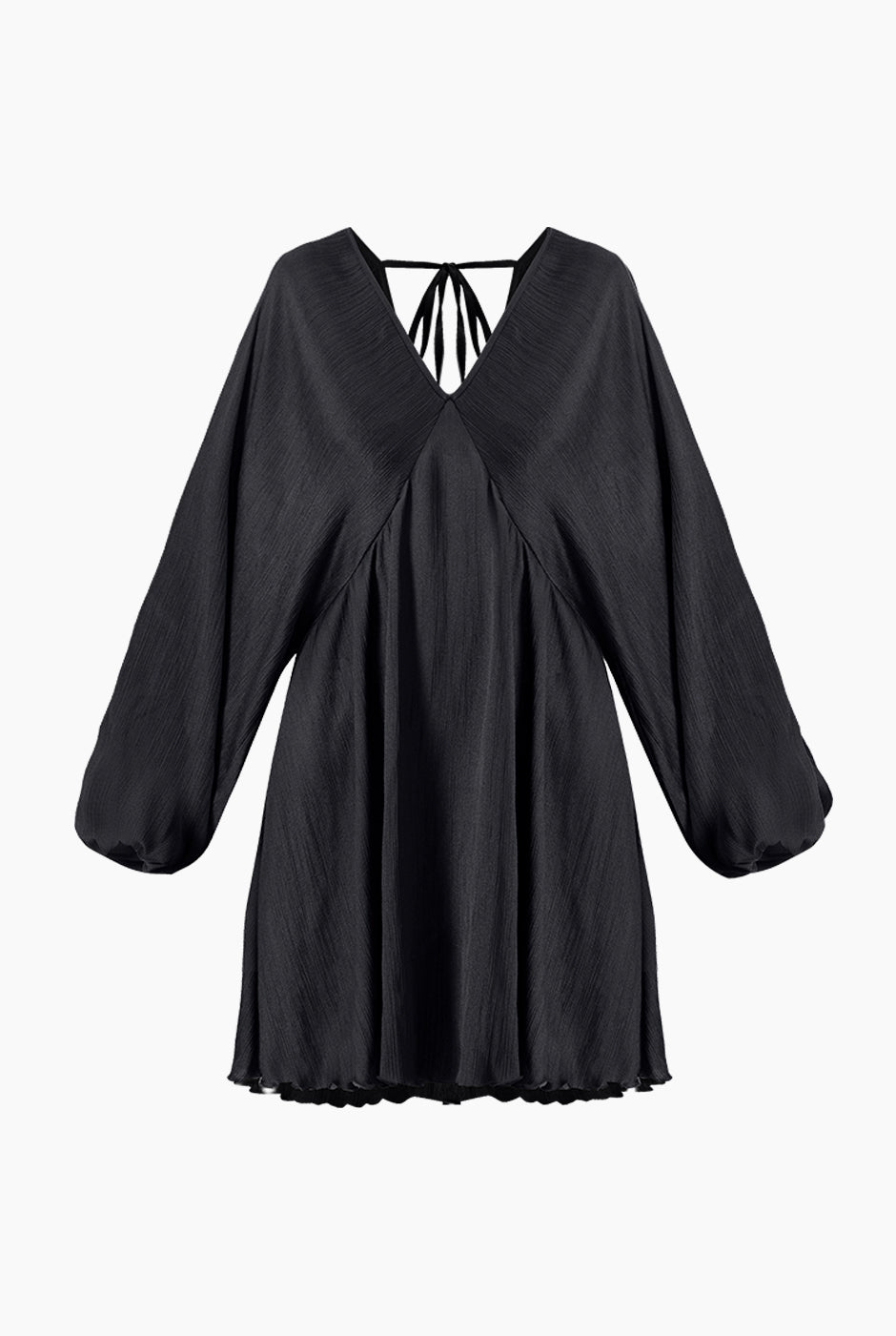 Vestido corto negro con escote en V y mangas largas amplias