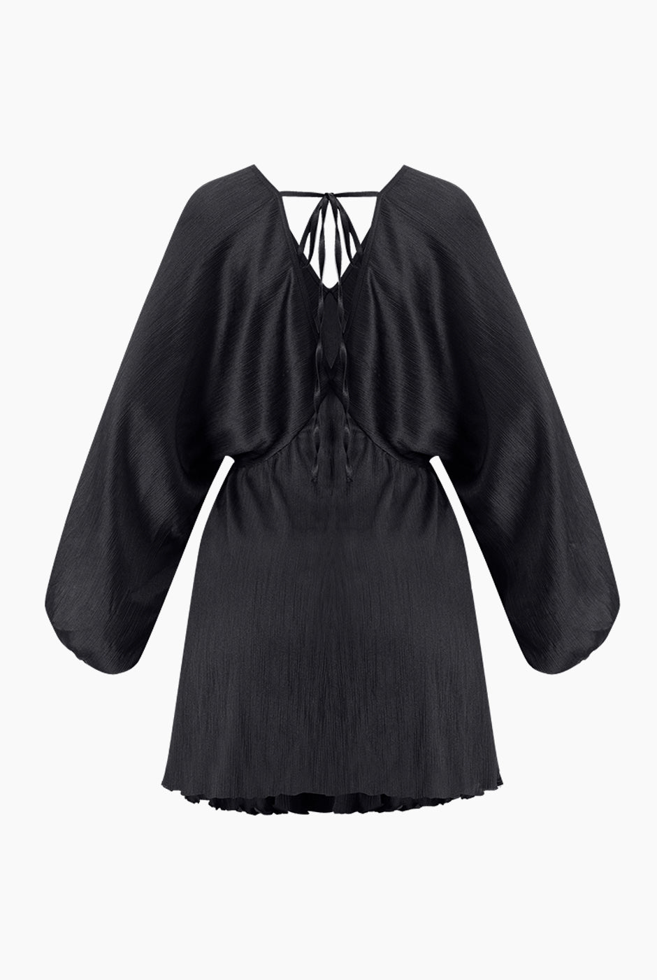 Vestido corto negro con escote en V y mangas largas amplias