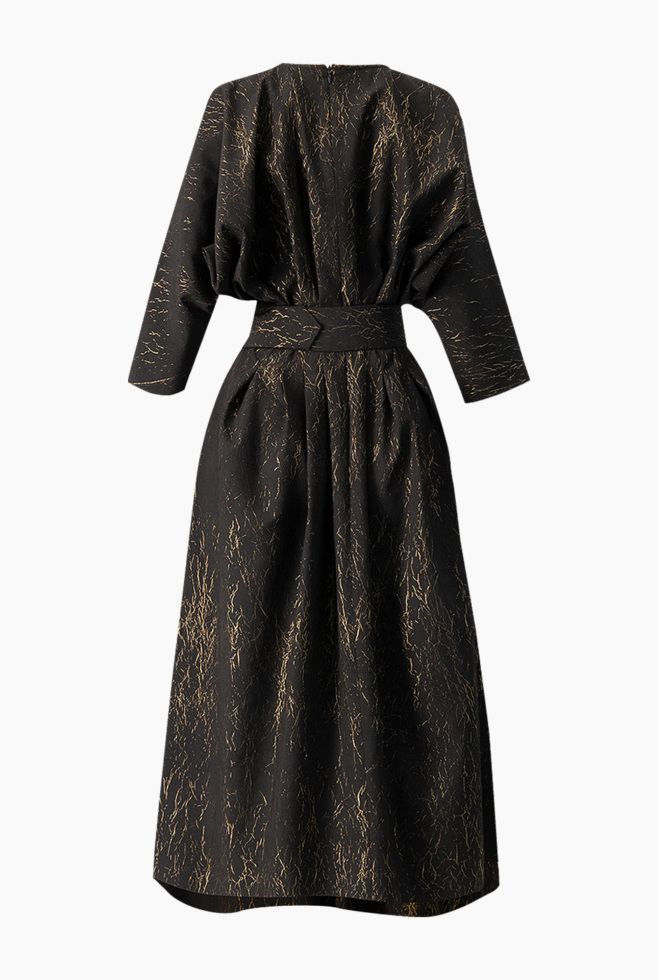 Vestido midi negro con cinturón ancho y estampado dorado