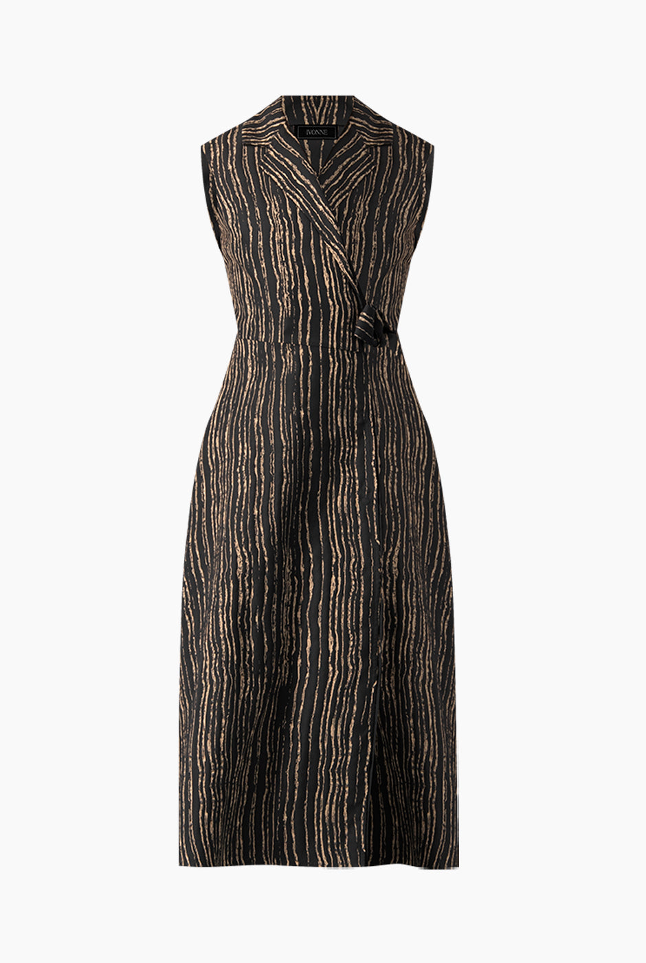 Vestido largo cruzado negro sin mangas con lazo y estampado de líneas