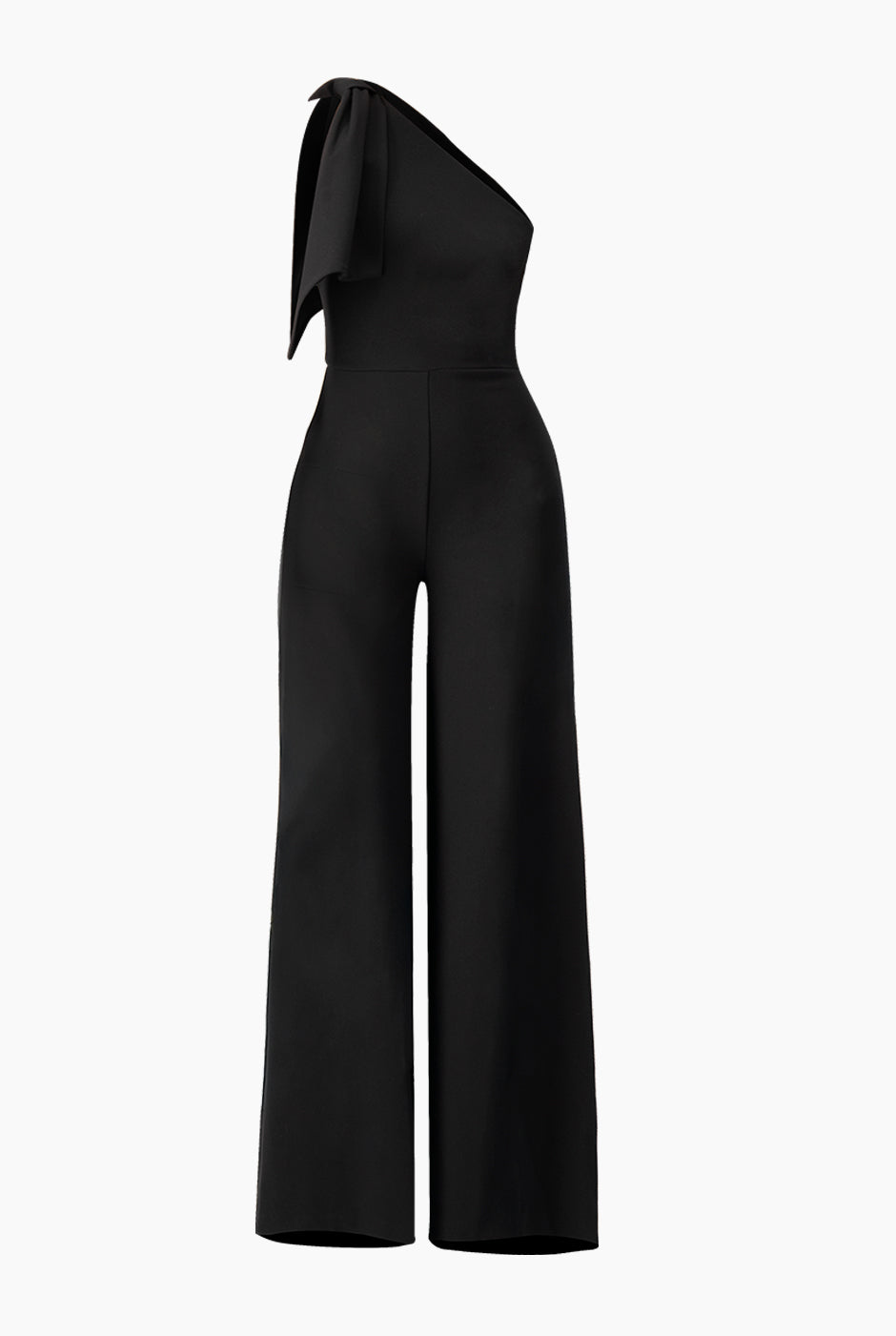 Jumpsuit negro de un hombro con lazo y pierna amplia
