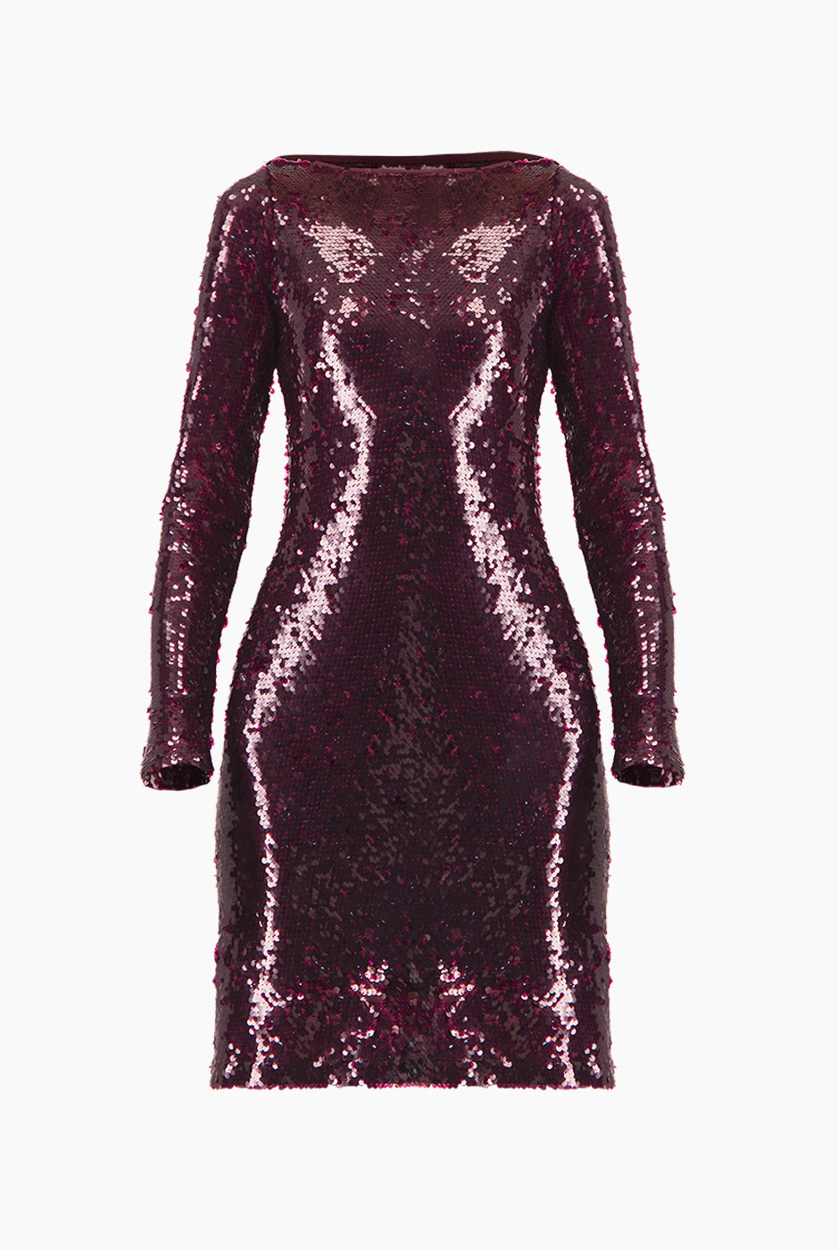 Vestido recto corto vino con lentejuelas y manga larga