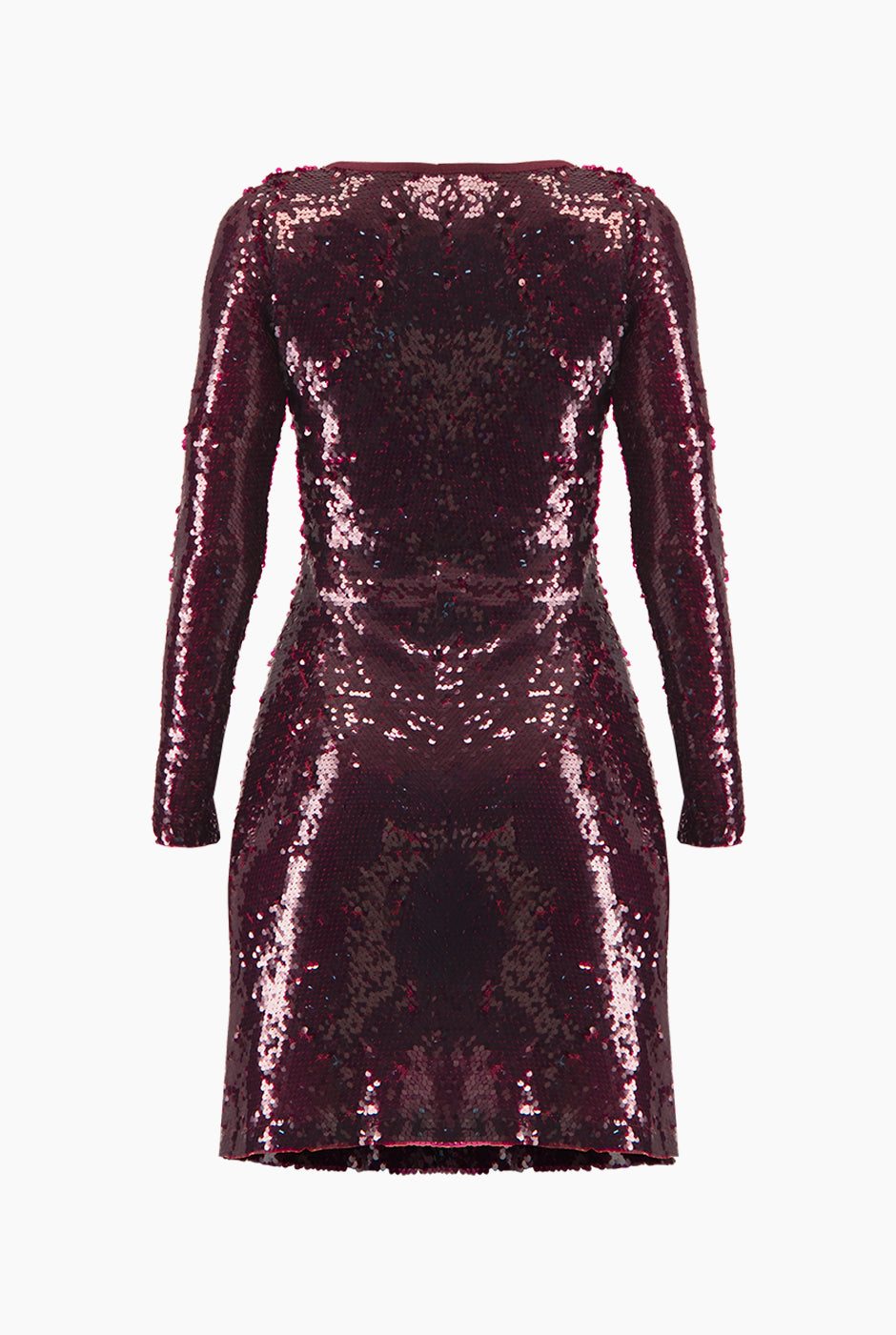 Vestido recto corto vino con lentejuelas y manga larga