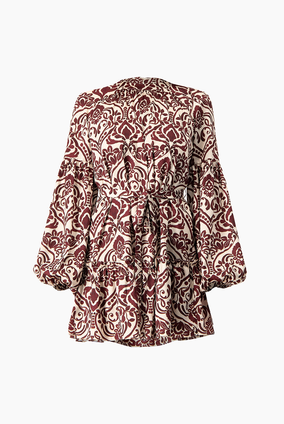 Vestido corto estampado vino con manga larga y cuello redondo