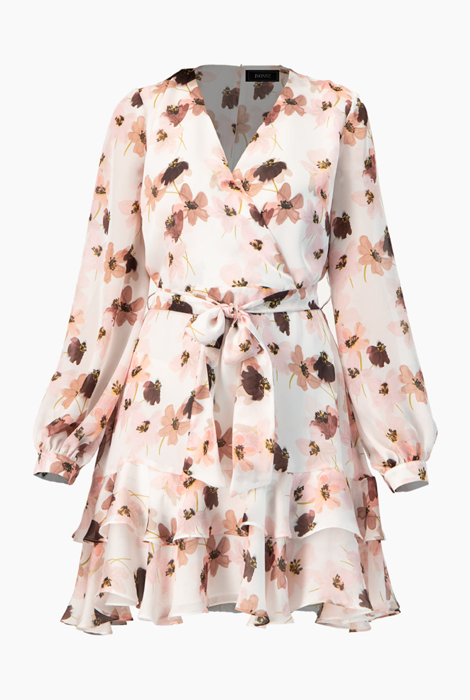 Vestido corto estampado floral con escote en V y manga larga