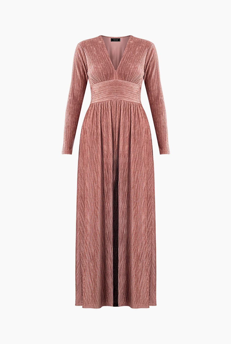 Vestido largo rosa oscuro con escote V y mangas largas plisadas